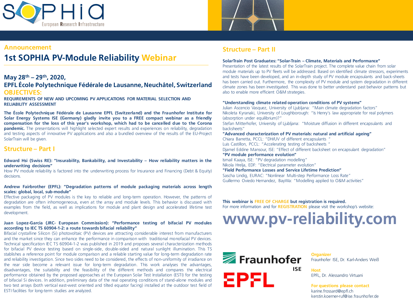 1st SOPHIA PV-Module Reliability Webinar